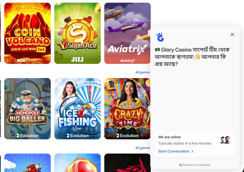 Support Glory Casino Bangladesh in live chat